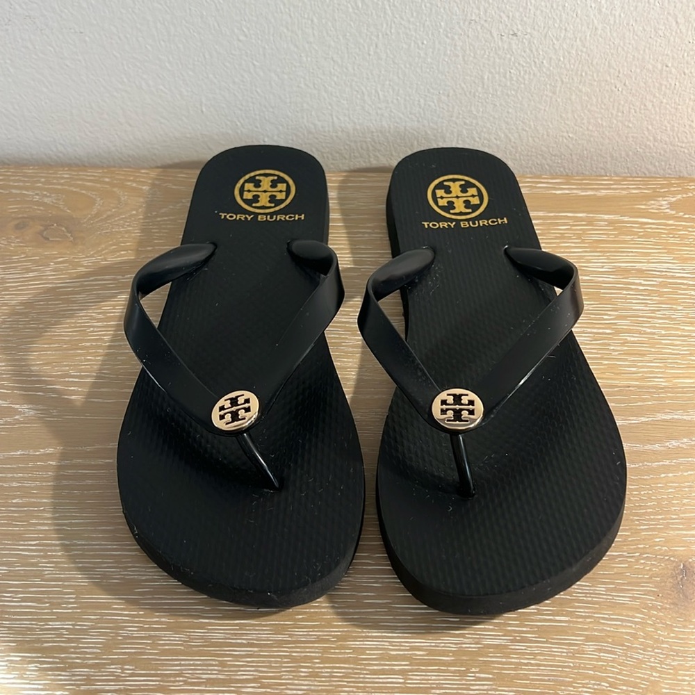 Used Tory Burch PVC Thick Flip Flop Flops Thong Sandals Black Logo Size 9.